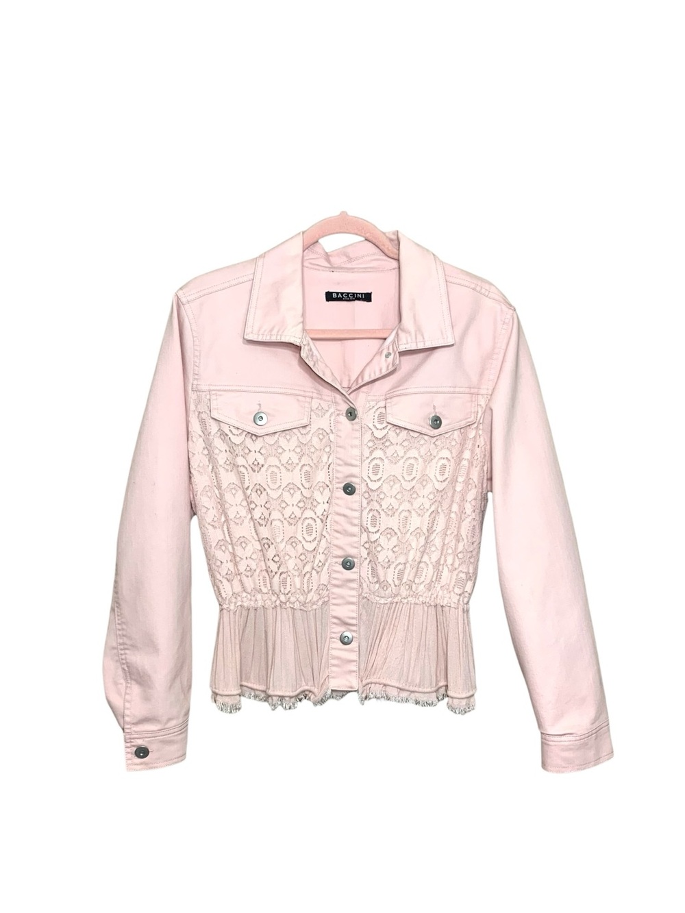 Baccini Light Pink Lace-Front Denim Jacket Button Front M Feminine Peplum Waist